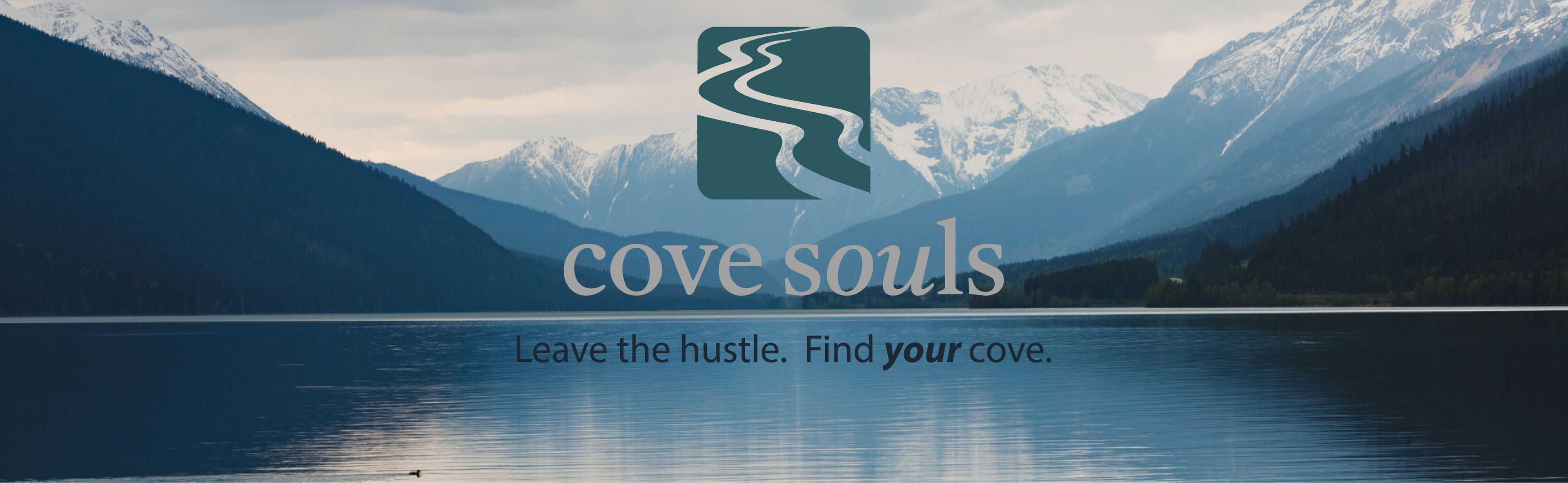 Mountainous landscape with a logo and text overlay for 'cove souls' on a gray sky background.